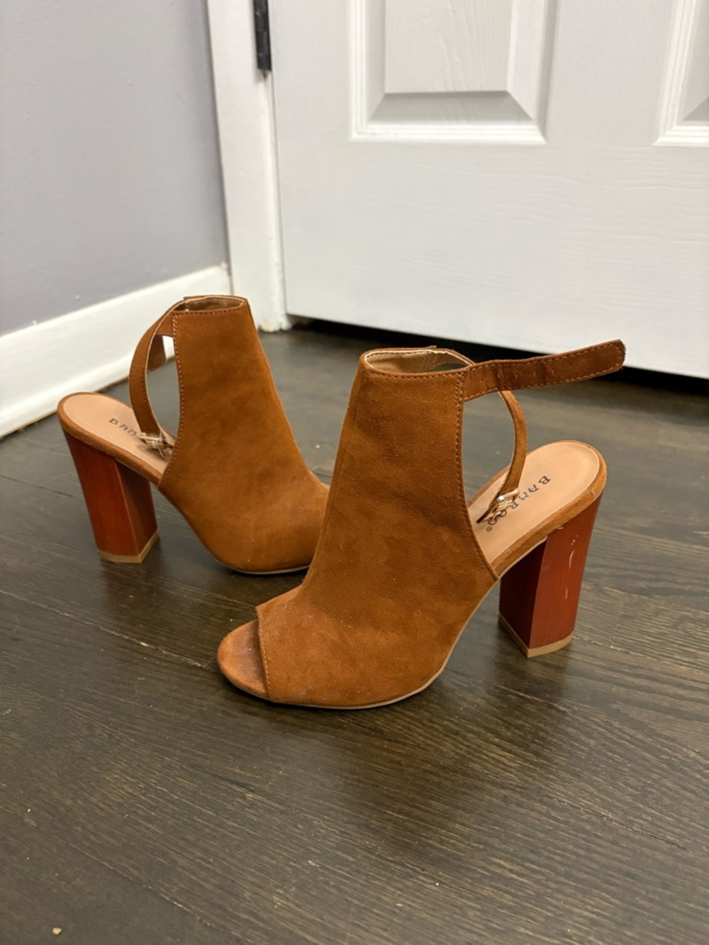 BAMBOO Tan Suede Open-Toe Block Heel Sandals